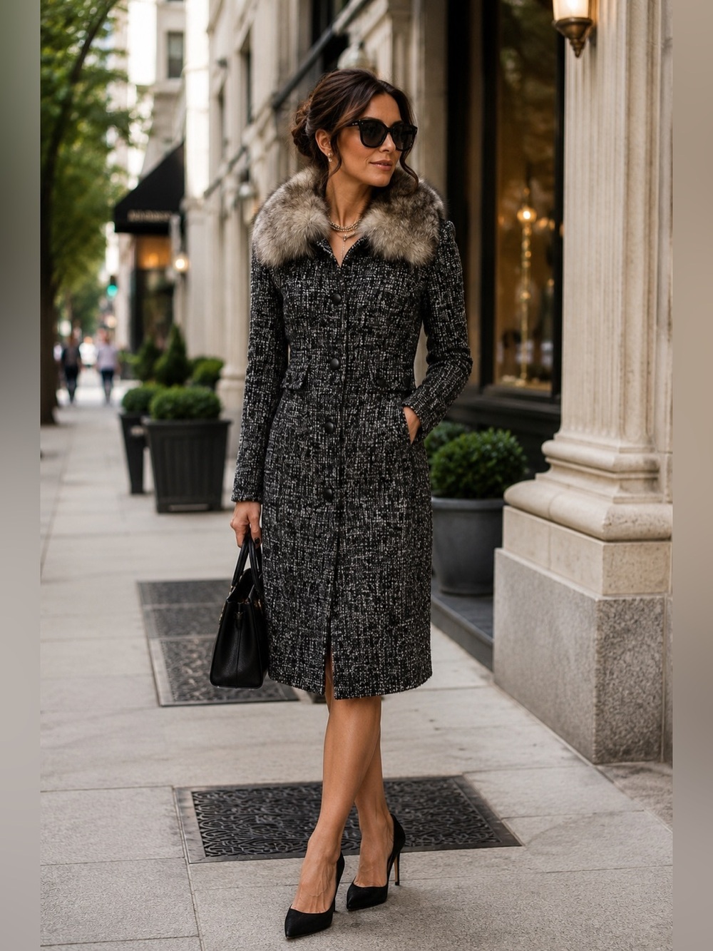 Express Black & Gray Tweed Pea Coat Fox Fur Collar & Strapless Dress Set 14 L
